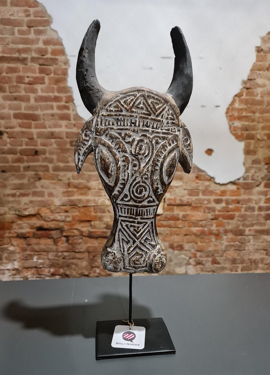 Houten masker op standaard - woondecoratie - houtsnijwerk - handmade - uniek