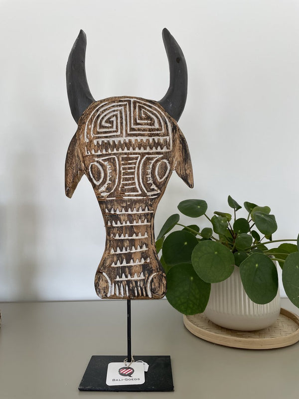 Houten masker op standaard - woondecoratie - houtsnijwerk - handmade - uniek