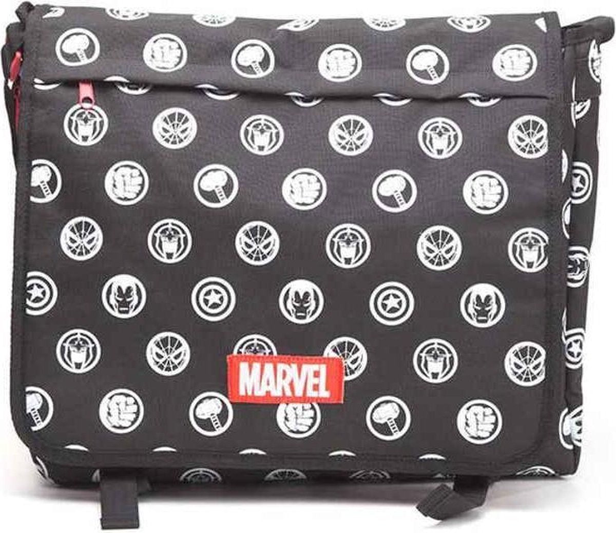 MARVEL COMICS All-Over Hero Crests, Unisex, Red ) Messenger Bag, Black