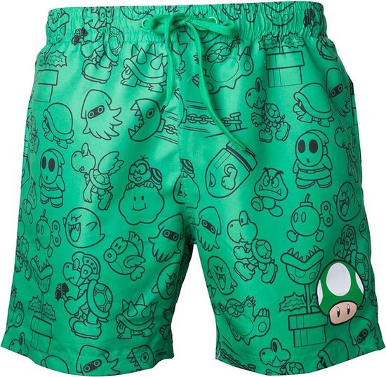 Nintendo - Mario Zwem short Groen met Allover Print en Small Mushroom Head